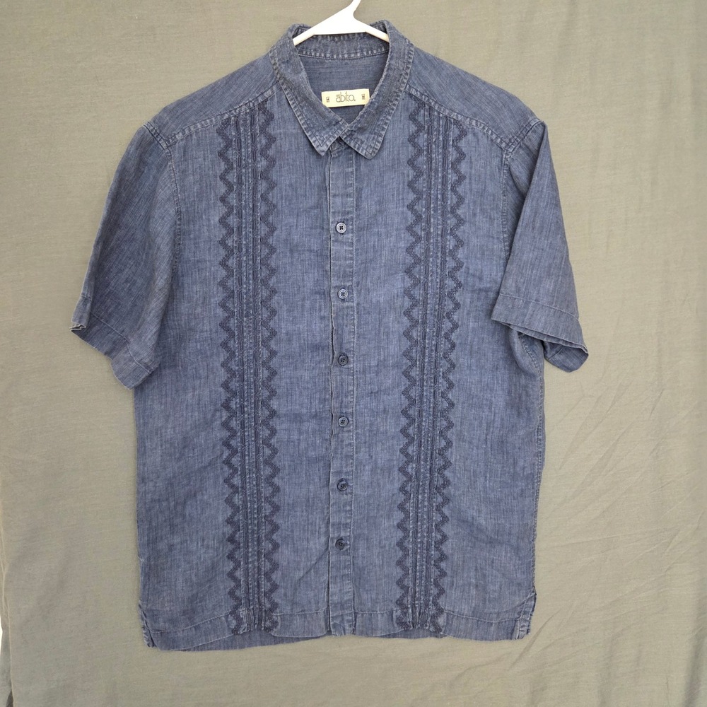 Abito Collezioni Blue 100% Linen Short Sleeve Embroidered Guayabera Shirt Size M